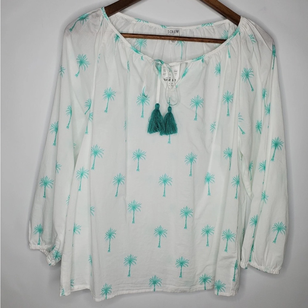J Crew Womens Palm Tree Novelty Blouse Tasseled Tie Neck Lightweight Size M